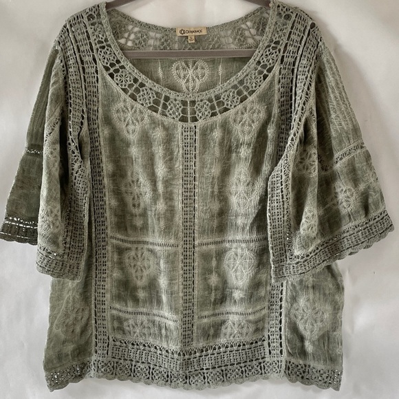Democracy Tops - Democracy cotton crochet lace olive mineral wash blouse L